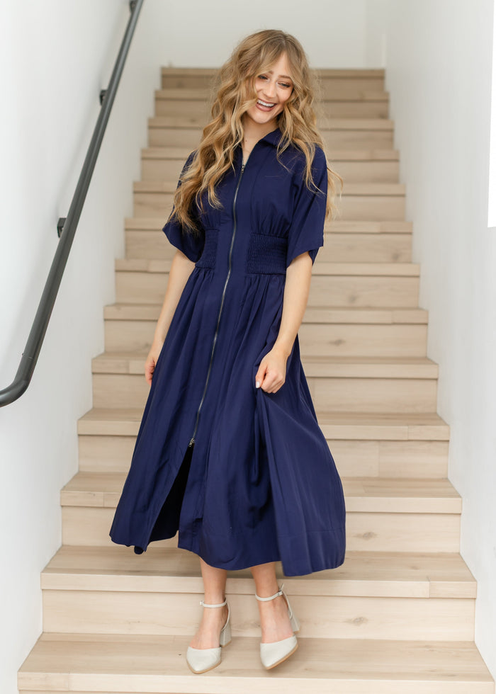 elan Smocked Waist Zip Front Midi Dress FF Dresses