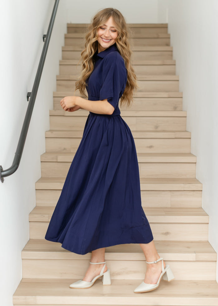 elan Smocked Waist Zip Front Midi Dress FF Dresses