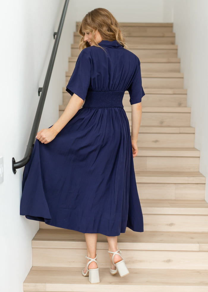 elan Smocked Waist Zip Front Midi Dress FF Dresses