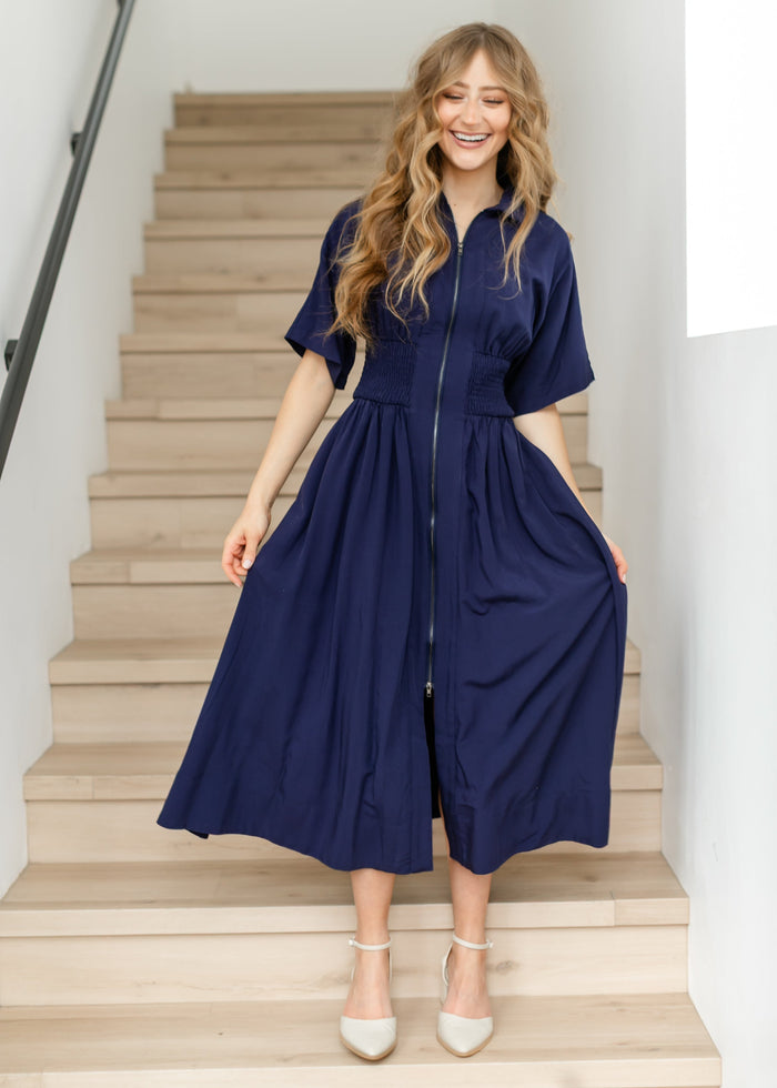 elan Smocked Waist Zip Front Midi Dress FF Dresses