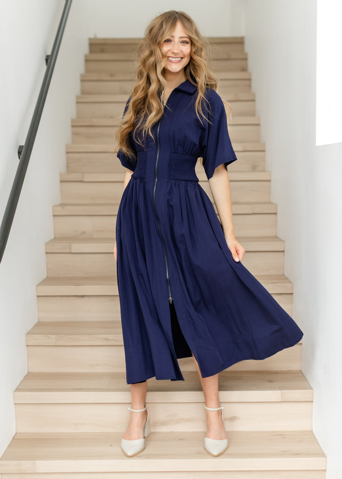 elan Smocked Waist Zip Front Midi Dress FF Dresses