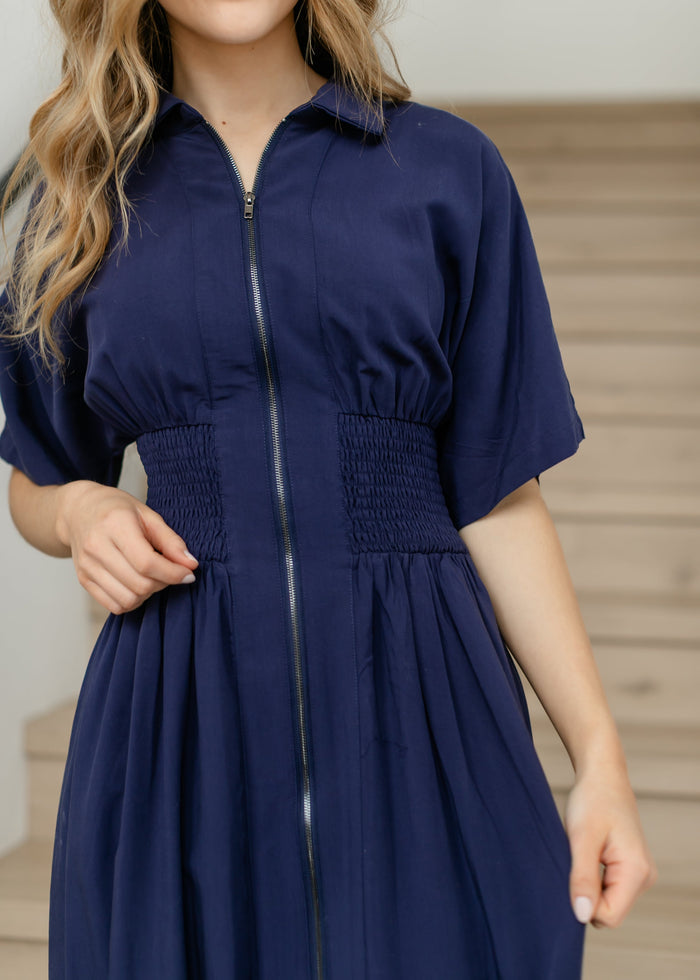 elan Smocked Waist Zip Front Midi Dress FF Dresses