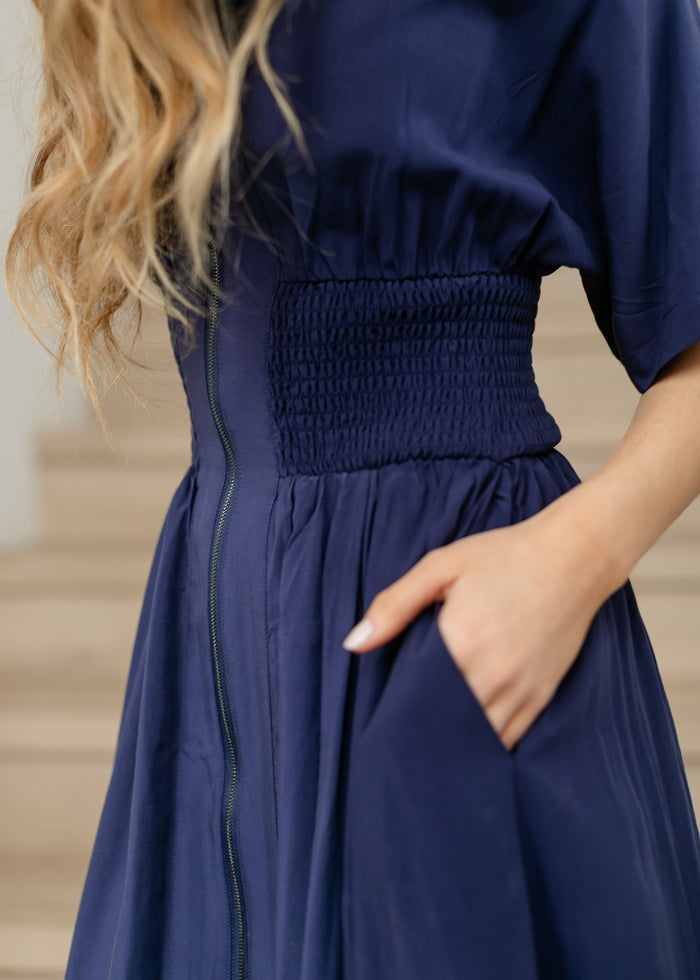 elan Smocked Waist Zip Front Midi Dress FF Dresses