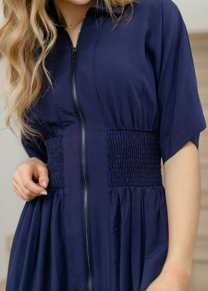 elan Smocked Waist Zip Front Midi Dress FF Dresses