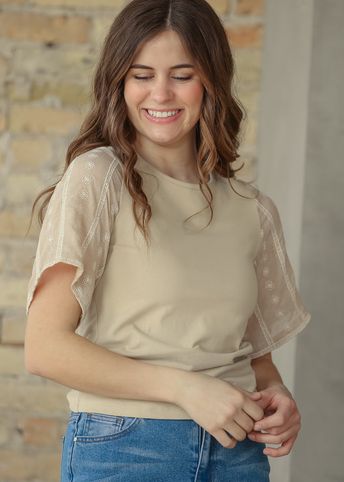Elizabeth Embroidered Flutter Sleeve Top IC Tops