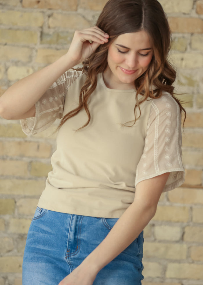 Elizabeth Embroidered Flutter Sleeve Top IC Tops