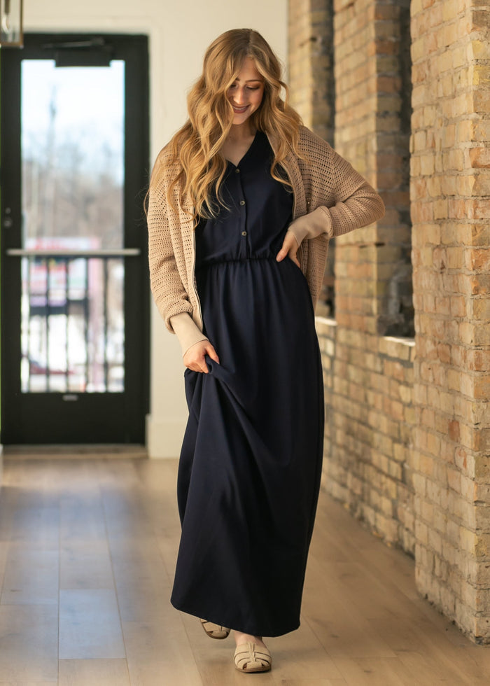Ella Navy Cinched Waist Maxi Dress IC Dresses