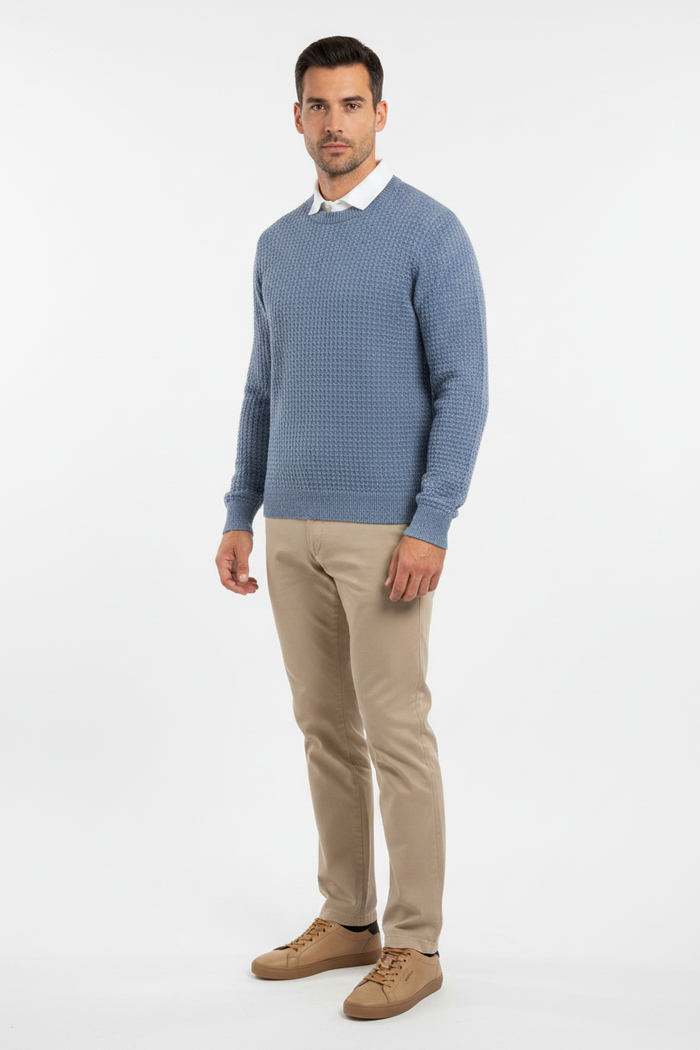 Interknit Crew Neck Steel Blue Marle — Studio Front