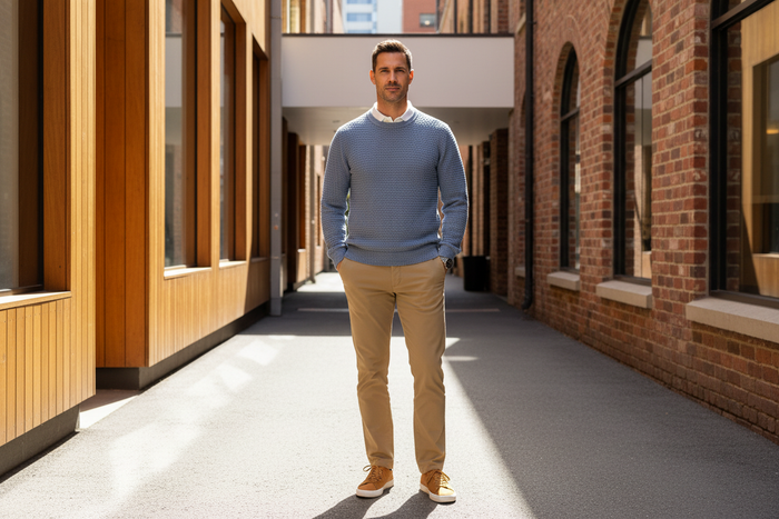 Interknit Crew Neck Steel Blue Marle — Lifestyle Banner
