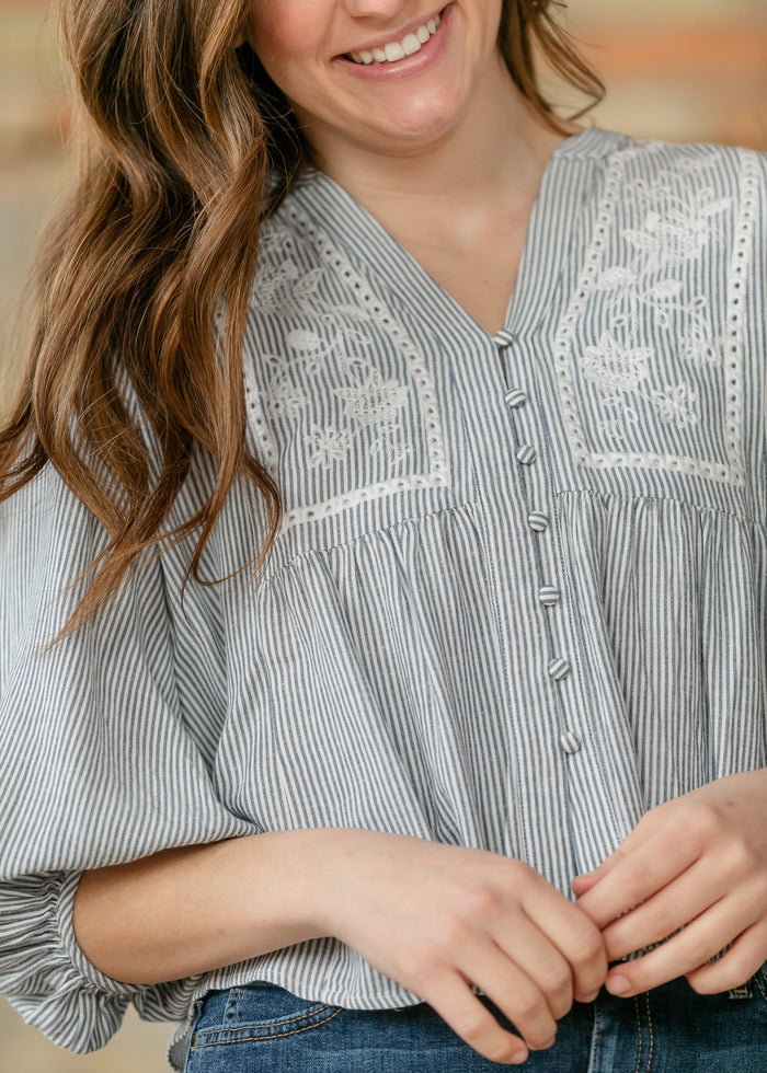 Embroidered Button Up Woven Top FF Tops