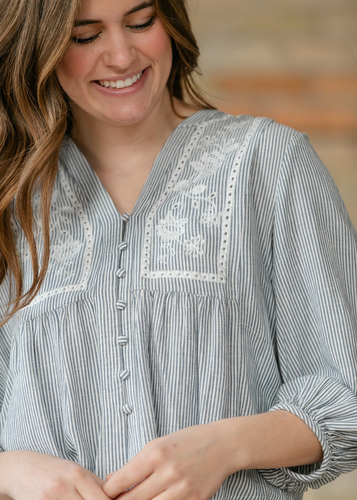 Embroidered Button Up Woven Top FF Tops