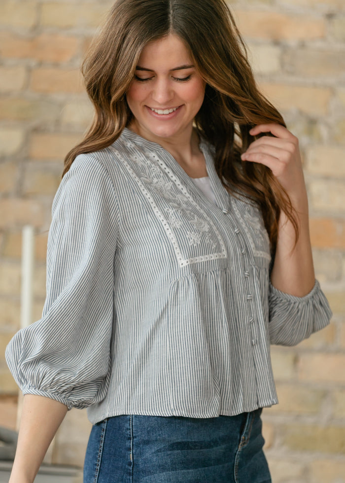 Embroidered Button Up Woven Top FF Tops