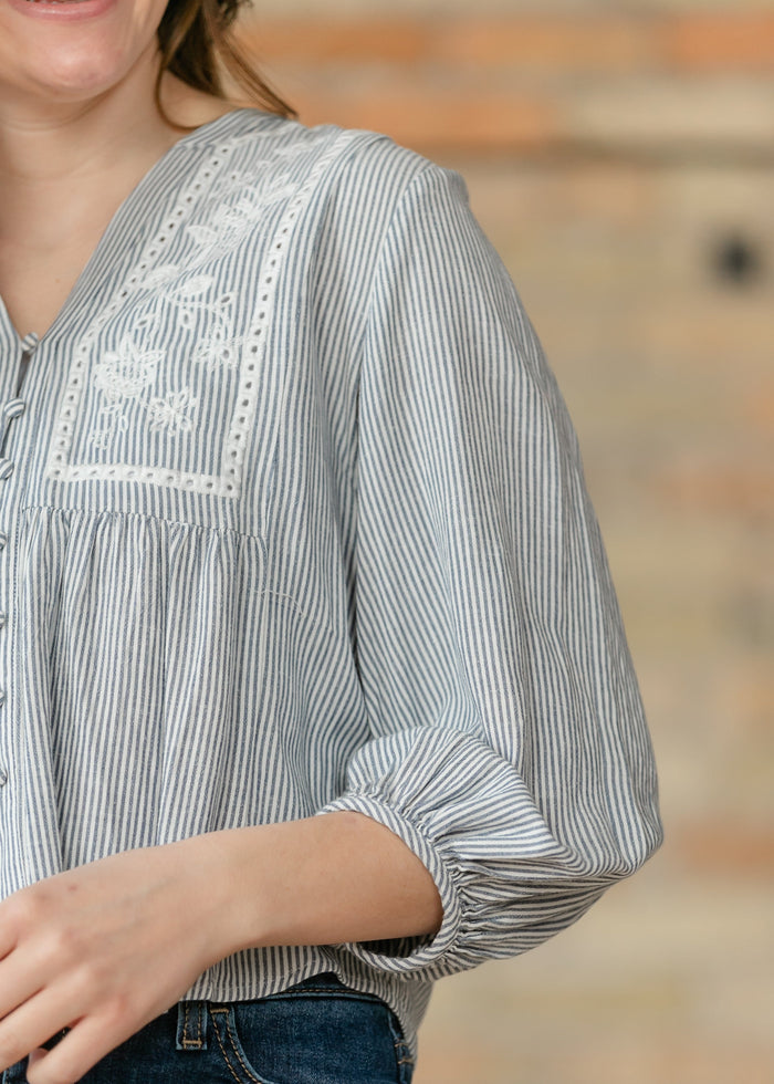 Embroidered Button Up Woven Top FF Tops