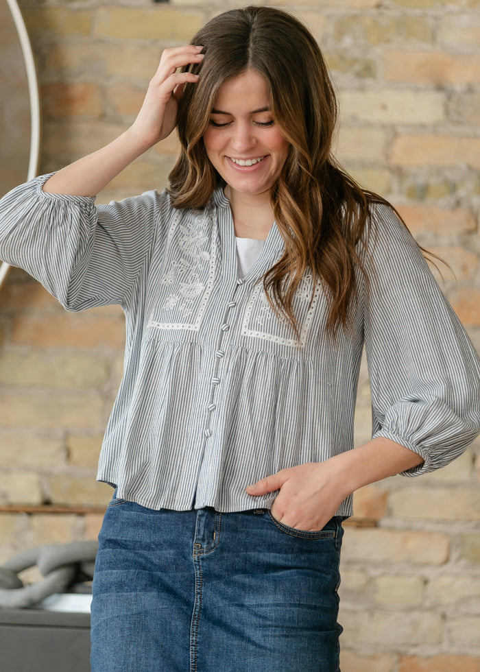 Embroidered Button Up Woven Top FF Tops