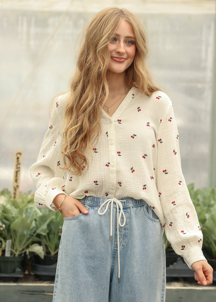 Embroidered Cherry Gauze Top FF Tops