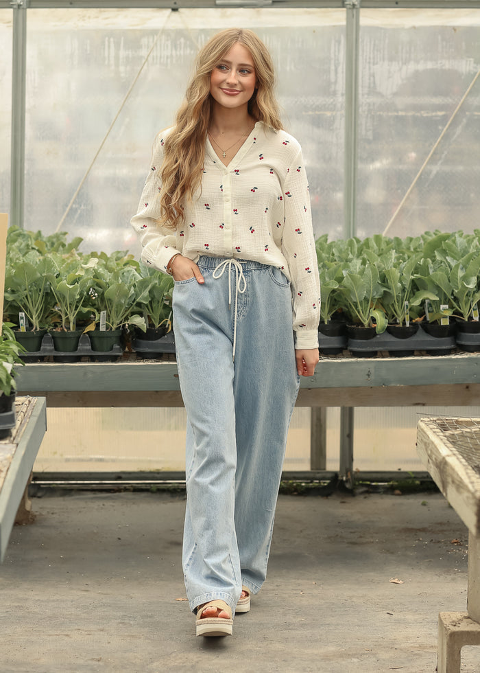 Embroidered Cherry Gauze Top FF Tops