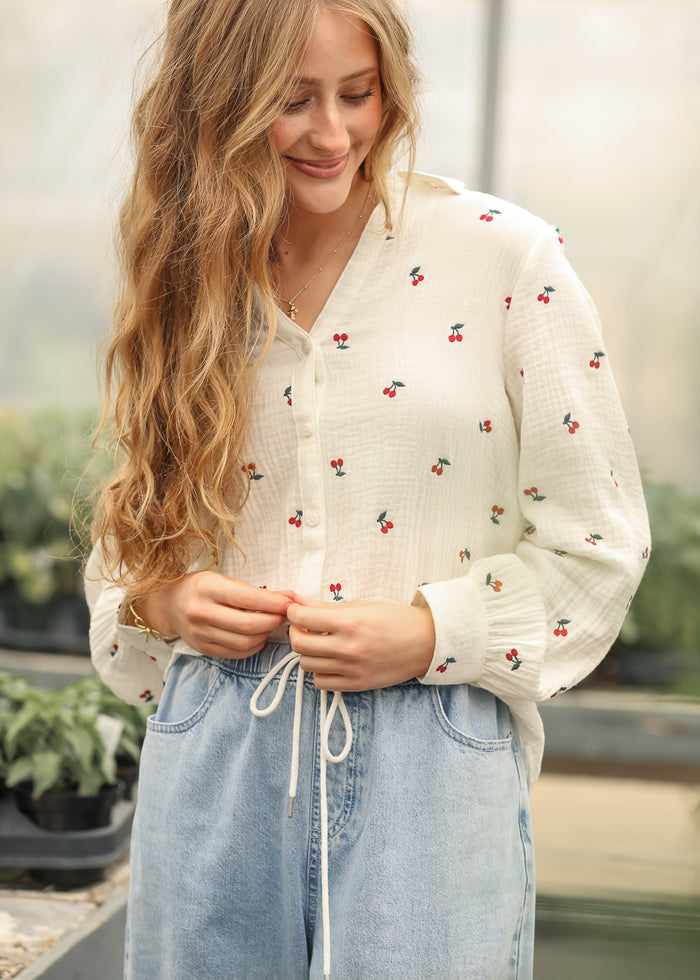 Embroidered Cherry Gauze Top FF Tops