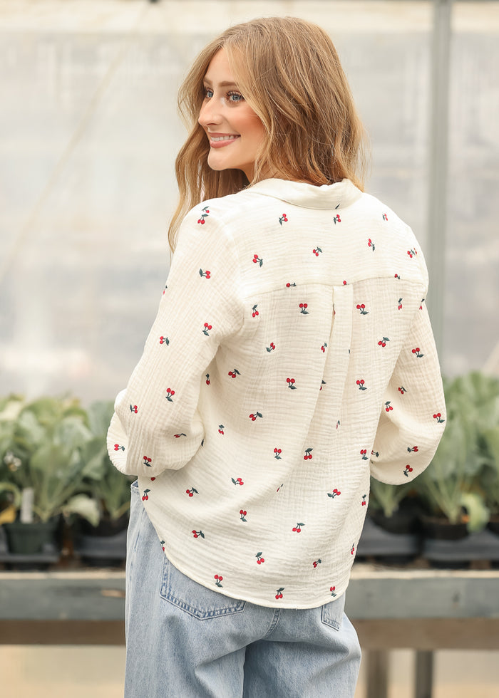Embroidered Cherry Gauze Top FF Tops
