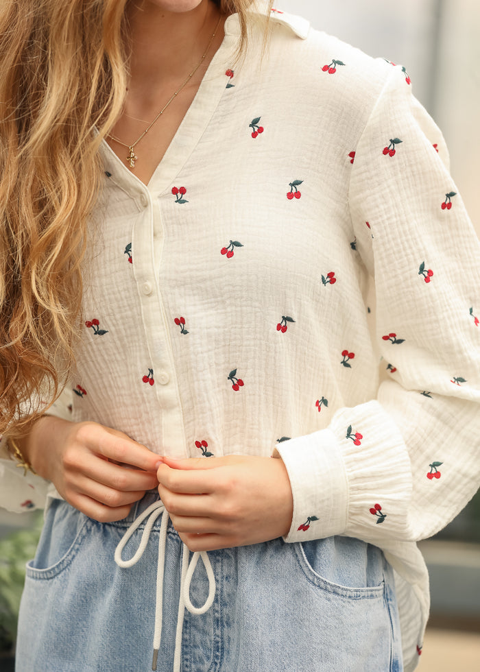 Embroidered Cherry Gauze Top FF Tops