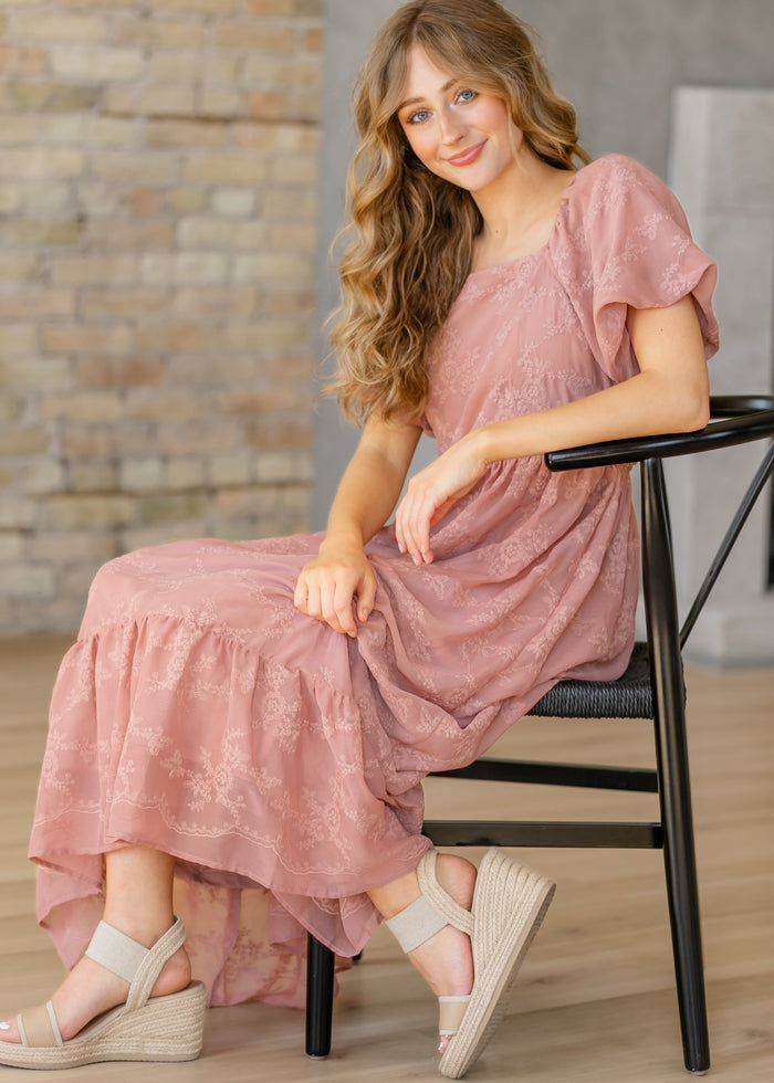 Embroidered Chiffon Ruffle Sleeve Midi Dress FF Dresses