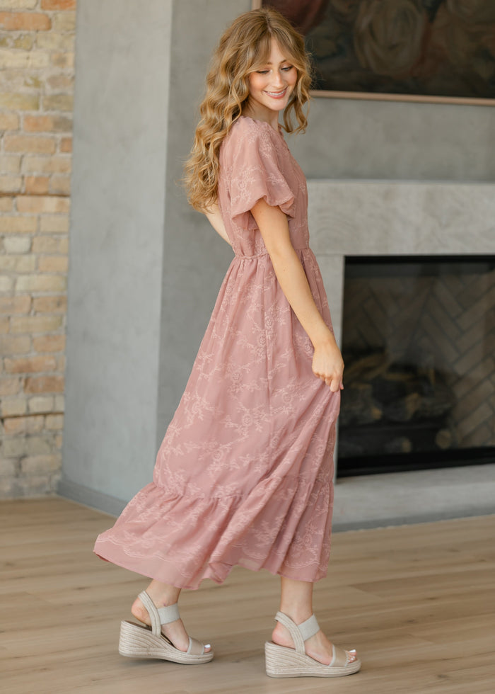 Embroidered Chiffon Ruffle Sleeve Midi Dress FF Dresses