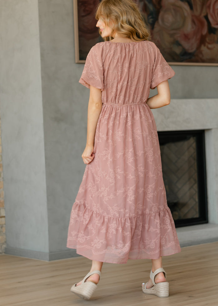 Embroidered Chiffon Ruffle Sleeve Midi Dress FF Dresses