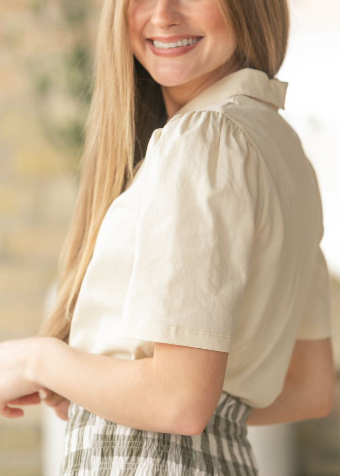 Embroidered Collar Puff Sleeve Top FF Tops