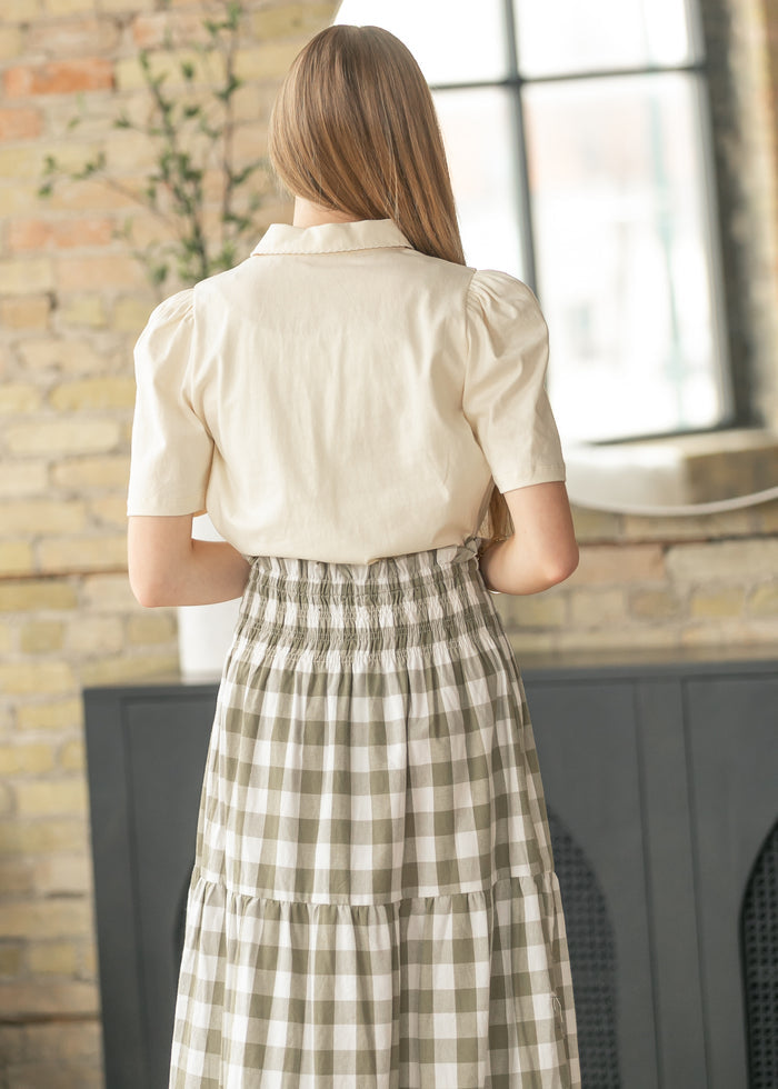 Embroidered Collar Puff Sleeve Top FF Tops