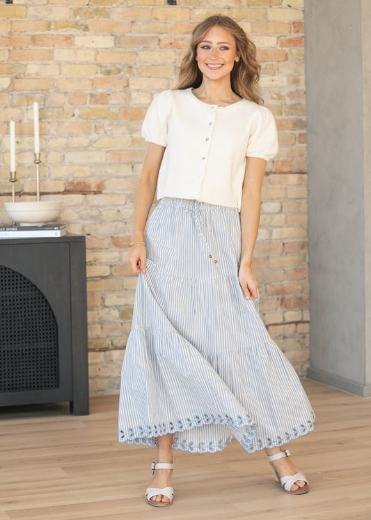 Blue Embroidered Detail Midi Skirt FF Skirts