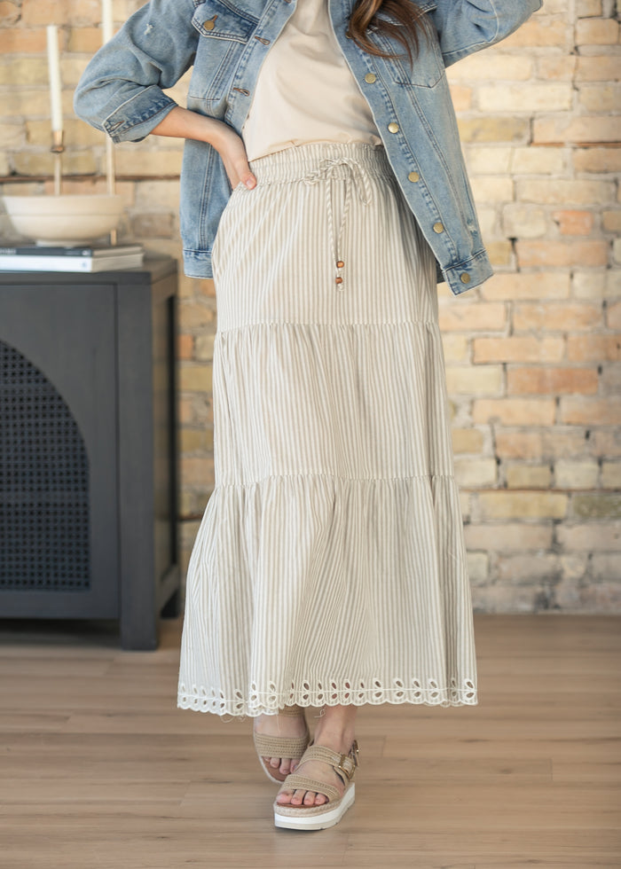 Natural Embroidered Detail Midi Skirt FF Skirts