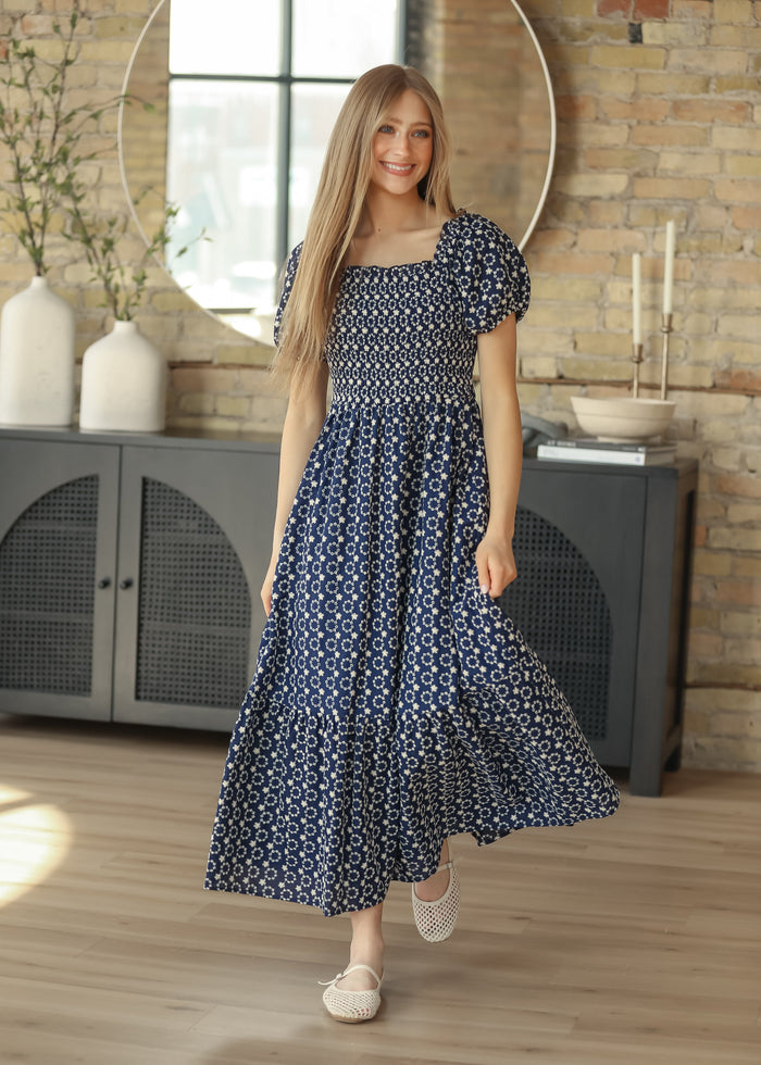 Embroidered Floral Smocked Maxi Dress FF Dresses