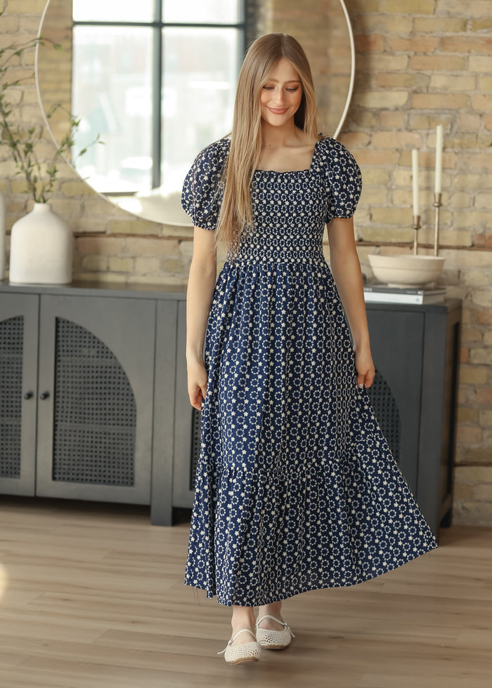 Embroidered Floral Smocked Maxi Dress FF Dresses