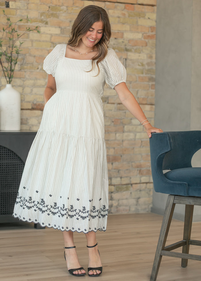 Embroidered Striped Square Neck Midi Dress FF Dresses S