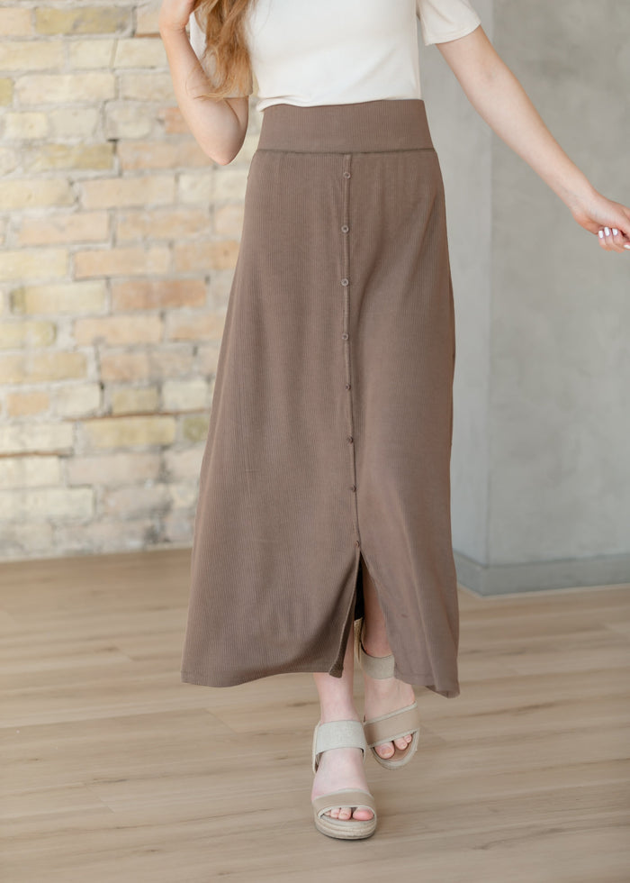 Essential Chocolate Ribbed Midi Skirt IC Skirts