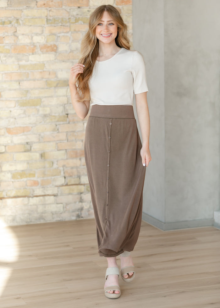 Essential Chocolate Ribbed Midi Skirt IC Skirts