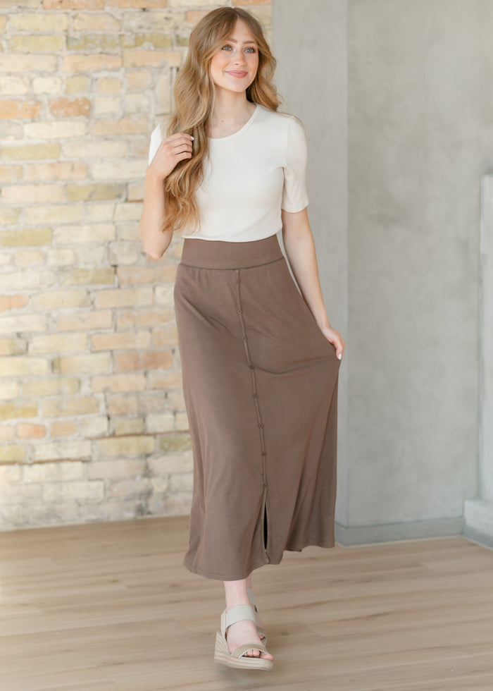 Essential Chocolate Ribbed Midi Skirt IC Skirts