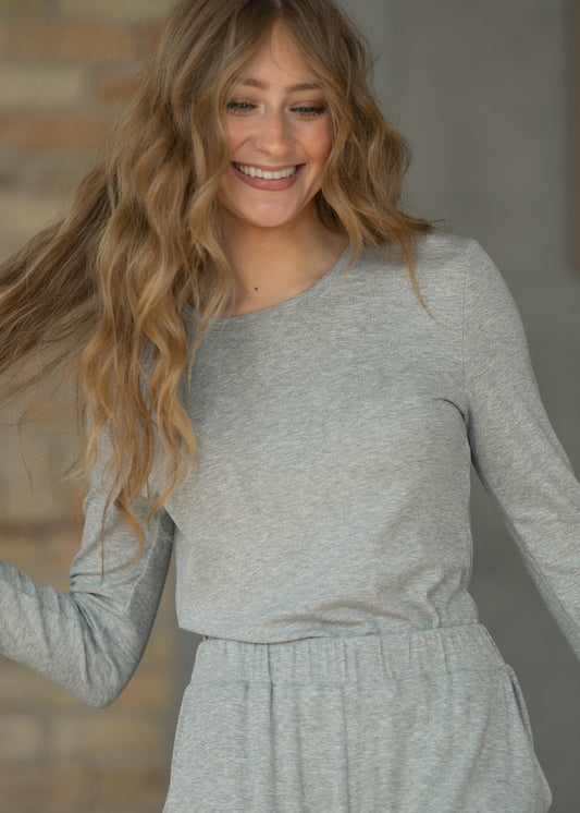 Essential Gray Ribbed Long Sleeve IC Tops