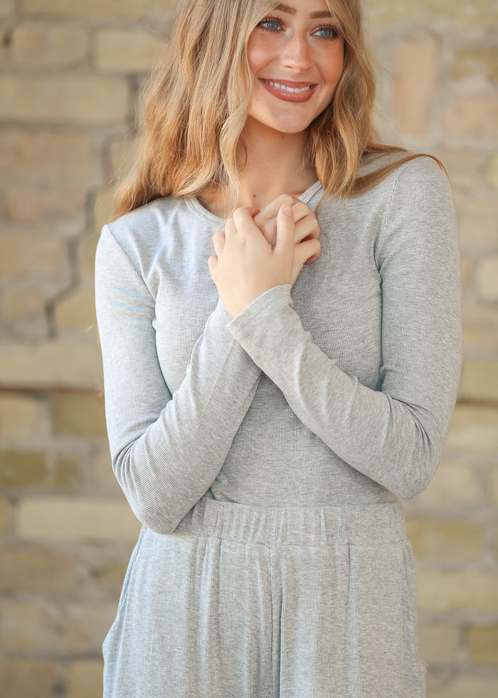 Essential Gray Ribbed Long Sleeve IC Tops