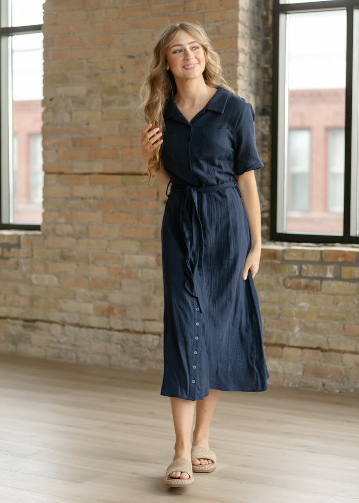 Essential Navy Short Sleeve Gauze Shirt Dress IC Dresses