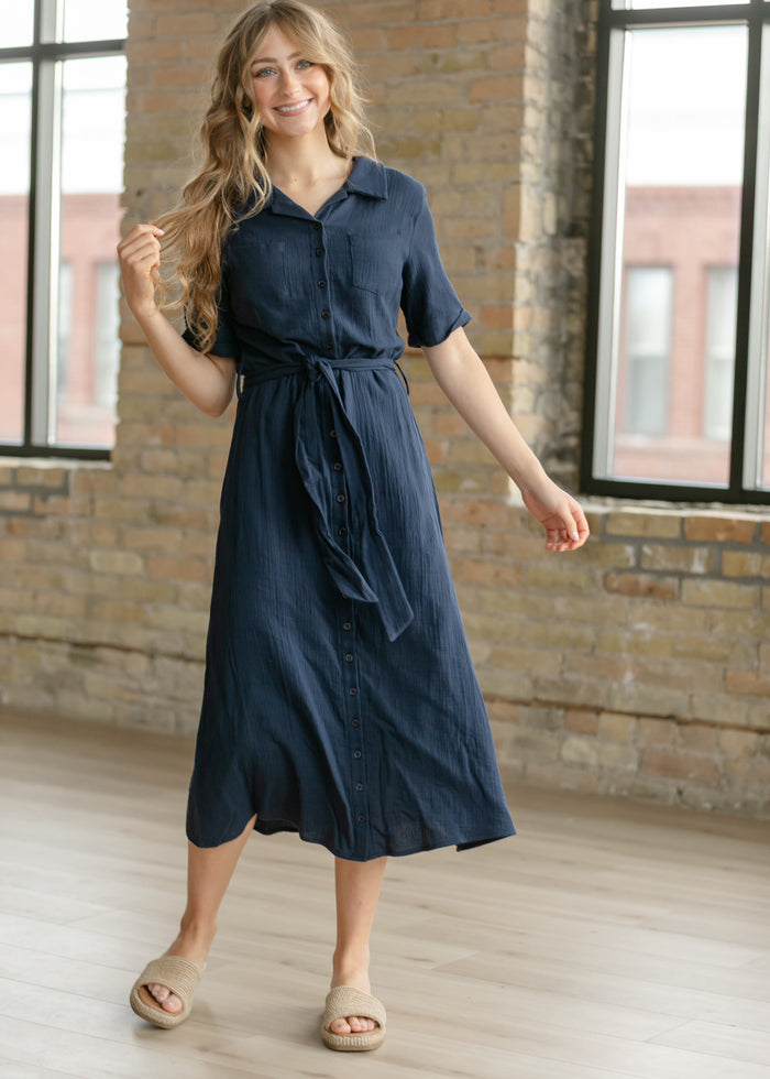 Essential Navy Short Sleeve Gauze Shirt Dress IC Dresses S