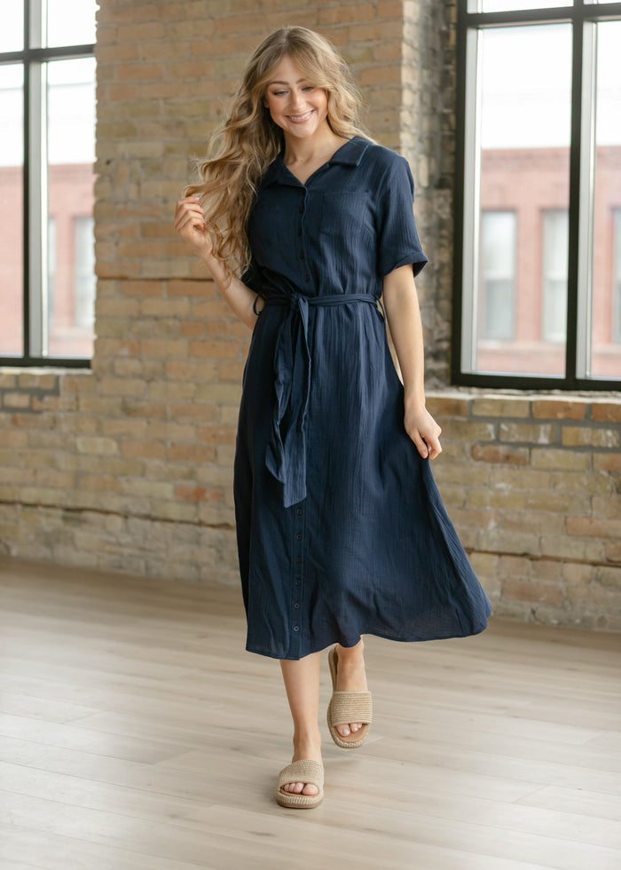 Essential Navy Short Sleeve Gauze Shirt Dress IC Dresses XS