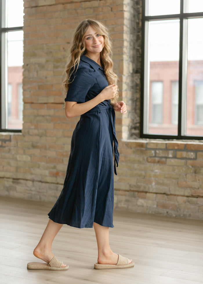 Essential Navy Short Sleeve Gauze Shirt Dress IC Dresses