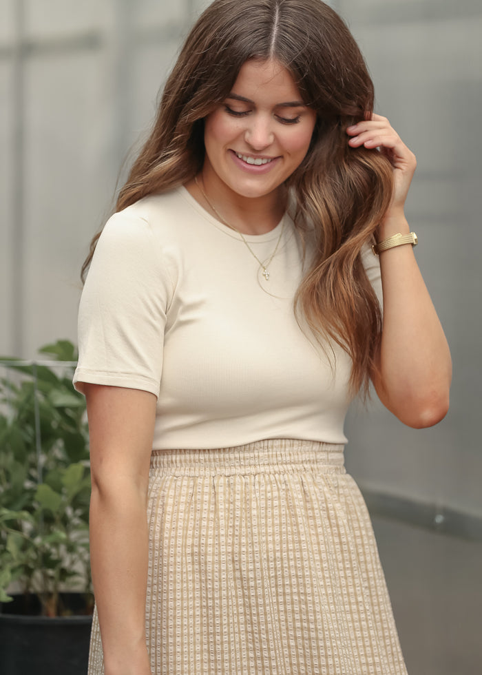 Essential Cream Ribbed Half Sleeve Tee IC Tops