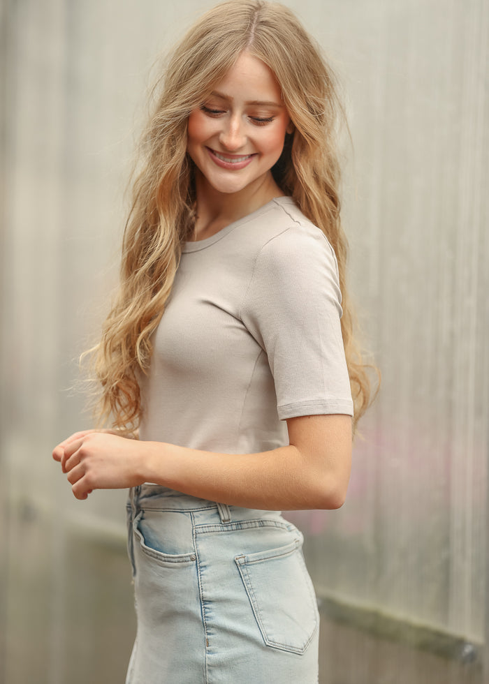 Essential Taupe Ribbed Half Sleeve Tee IC Tops