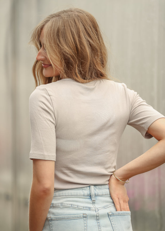 Essential Taupe Ribbed Half Sleeve Tee IC Tops