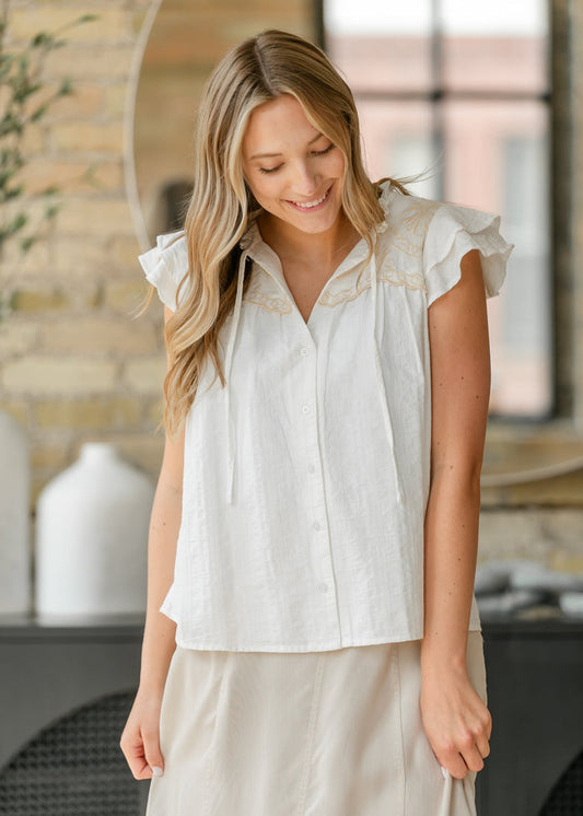 Evie Cap Sleeve Button Up Top FF Tops