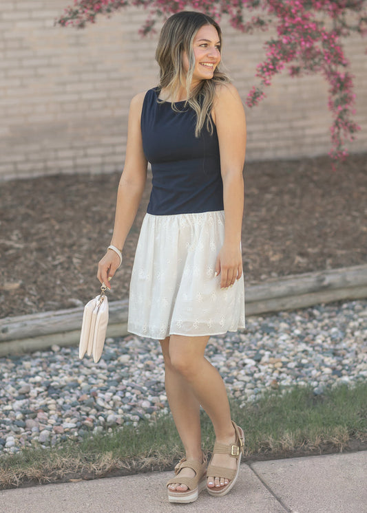 Eyelet Mix Media Boatneck Midi Dress FF Dresses