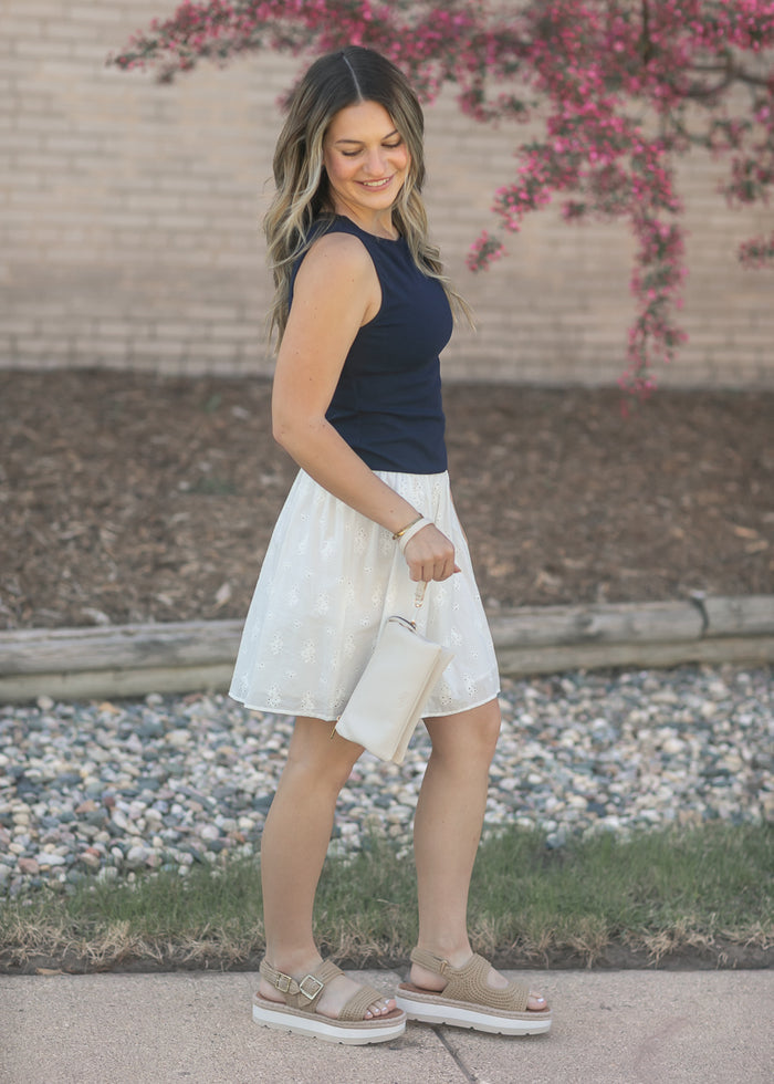 Eyelet Mix Media Boatneck Midi Dress FF Dresses