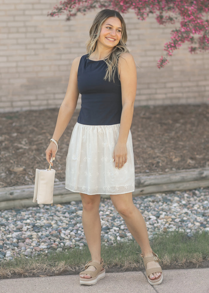 Eyelet Mix Media Boatneck Midi Dress FF Dresses