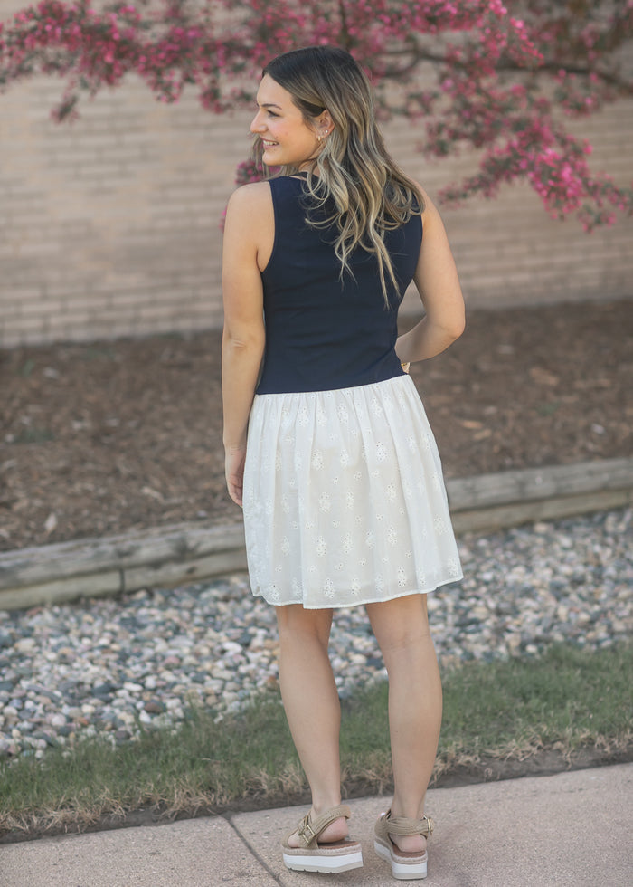 Eyelet Mix Media Boatneck Midi Dress FF Dresses